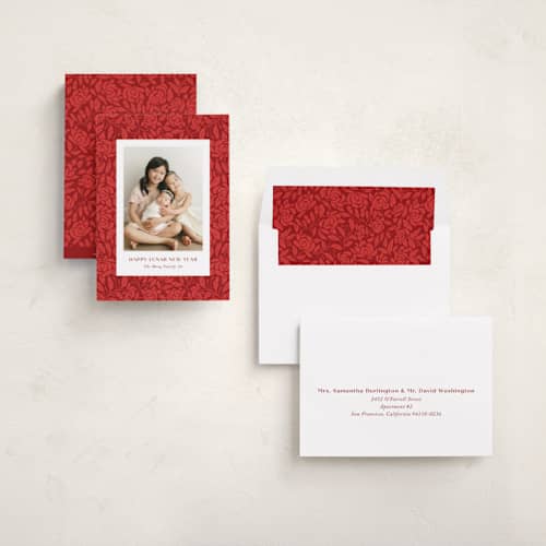 This is a cherry chinese new year cards with standard by Yaling Hou Suzuki called chinese textile printing on recycled smooth signature in standard