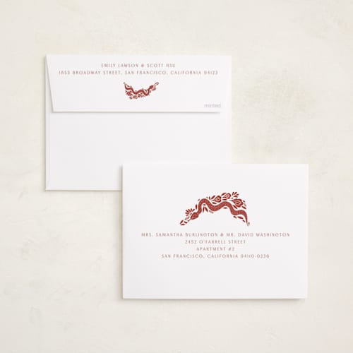 This is a crimson chinese new year cards with standard by Katharine Watson called papercut snakes printing on recycled smooth signature in standard