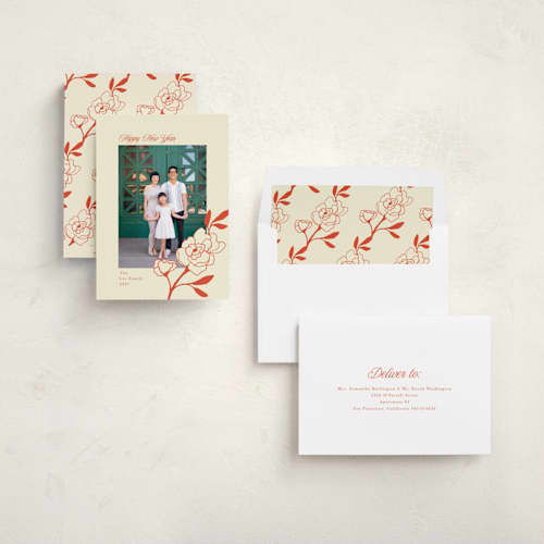 This is a rice paper chinese new year cards with standard by Morgan Kendall called chinese peony printing on recycled smooth signature in standard