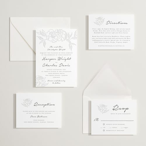 This is a soft black | blind deboss letterpress wedding invitations with letterpress by Qing Ji called my dearest printing on white cotton in standard