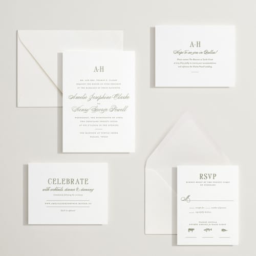 This is a artichoke letterpress wedding invitations with letterpress by Megan Davis called hepburn printing on white cotton in standard