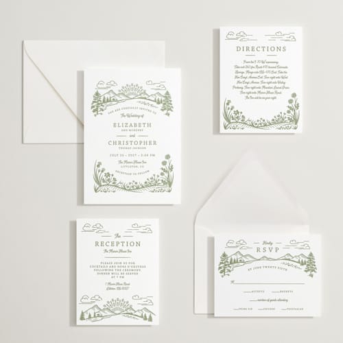 This is a olive letterpress wedding invitations with letterpress by Paper Sun Studio called on the horizon printing on white cotton in standard