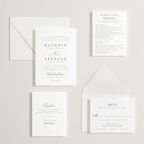 This is a soft black letterpress wedding invitations with letterpress by Olivia Raufman called classic composition printing on white cotton in standard