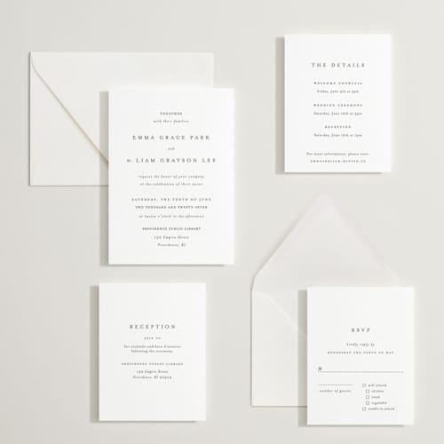 This is a soft black letterpress wedding invitations with letterpress by Design Lotus called a thousand years printing on white cotton in standard