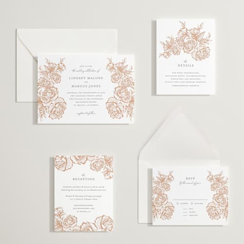 This is a sandstone | smoke letterpress wedding invitations with letterpress by Jennifer Postorino called in bloom printing on white cotton in standard