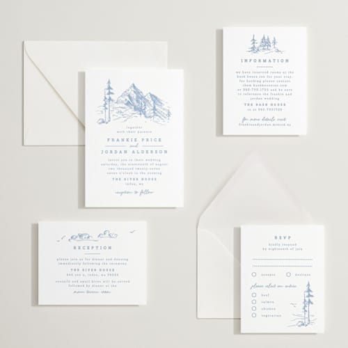This is a pacific blue letterpress wedding invitations with letterpress by Anastasia Makarova called fresh air printing on white cotton in standard