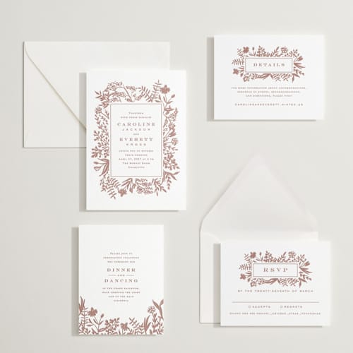 This is a cinnamon letterpress wedding invitations with letterpress by Amy Kross called morning fields printing on white cotton in standard