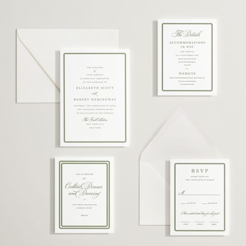 This is a artichoke letterpress wedding invitations with letterpress by Megan Davis called bevel printing on white cotton in standard