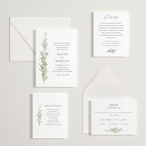 This is a olive letterpress wedding invitations with letterpress by Susan Moyal called gathered printing on white cotton in standard