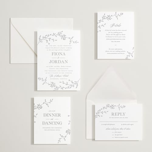 This is a granite letterpress wedding invitations with letterpress by Vera Lim called jasmine printing on white cotton in standard