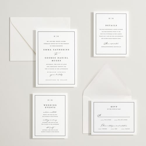 This is a soft black letterpress wedding invitations with letterpress by Stacey Meacham called heritage printing on white cotton in standard