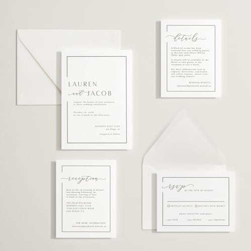 This is a graphite letterpress wedding invitations with letterpress by Nicole Walsh called asymmetry printing on white cotton in standard