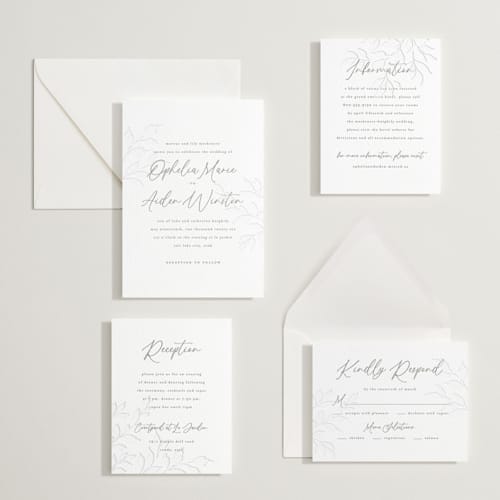 This is a graphite letterpress wedding invitations with letterpress by Wildfield Paper Co called vine printing on white cotton in standard