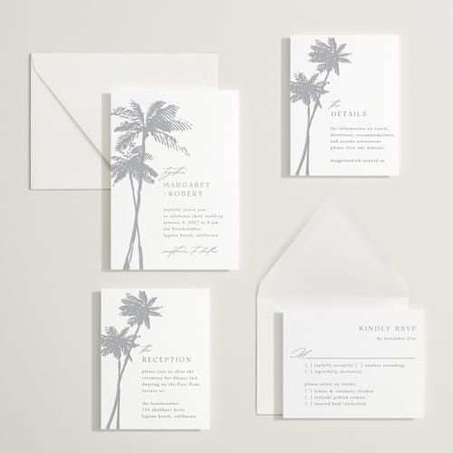 This is a granite letterpress wedding invitations with letterpress by Janean Hinger called warm winds printing on white cotton in standard