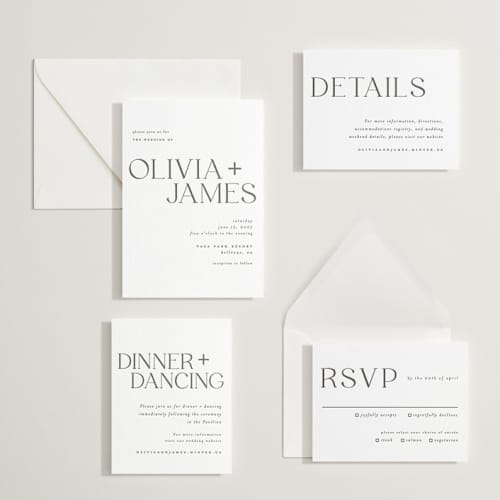 This is a soft black letterpress wedding invitations with letterpress by Vera Lim called bold names printing on white cotton in standard