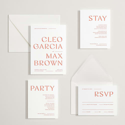 This is a grapefruit letterpress wedding invitations with letterpress by Blustery August called boldly printing on white cotton in standard