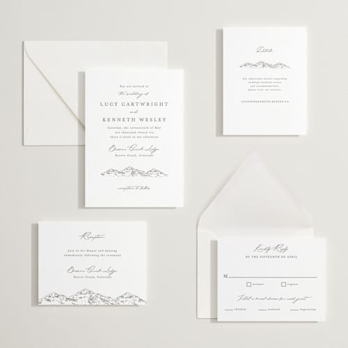 This is a graphite letterpress wedding invitations with letterpress by Sarah Brown called mountainview printing on white cotton in standard