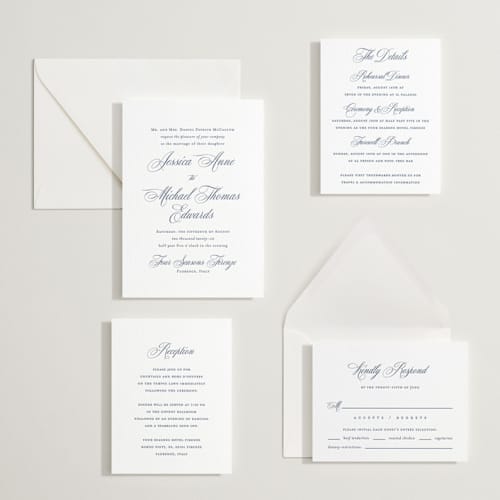 This is a blueberry letterpress wedding invitations with letterpress by Jennifer Postorino called empire printing on white cotton in standard