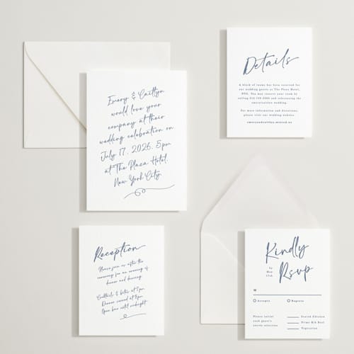 This is a blueberry letterpress wedding invitations with letterpress by Adelyn T. called ink scribble printing on white cotton in standard