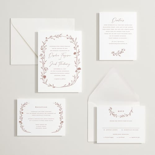 This is a cinnamon letterpress wedding invitations with letterpress by chocomocacino called mille-feuille printing on white cotton in standard