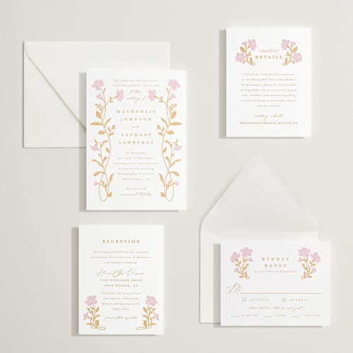 This is a saffron | peony letterpress wedding invitations with letterpress by Everett Paper Goods called mirror floral printing on white cotton in standard
