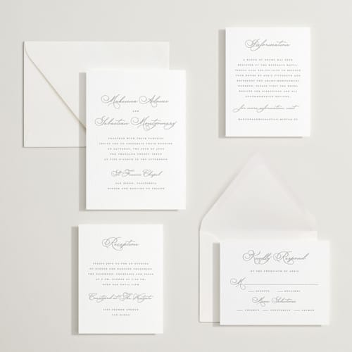 This is a graphite letterpress wedding invitations with letterpress by Wildfield Paper Co called love letters printing on white cotton in standard
