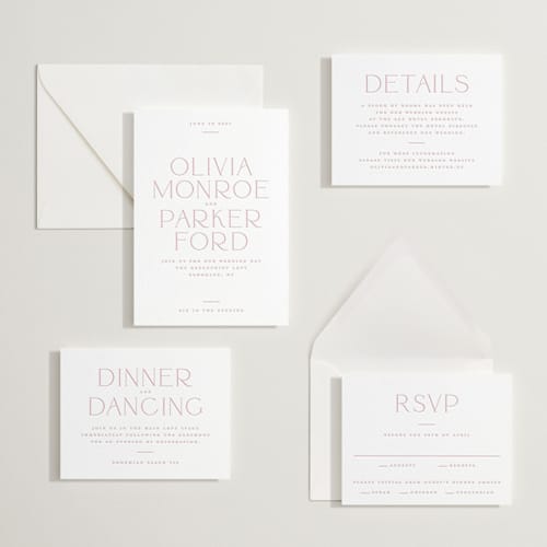 This is a peony letterpress wedding invitations with letterpress by Kristie Kern called monroe printing on white cotton in standard