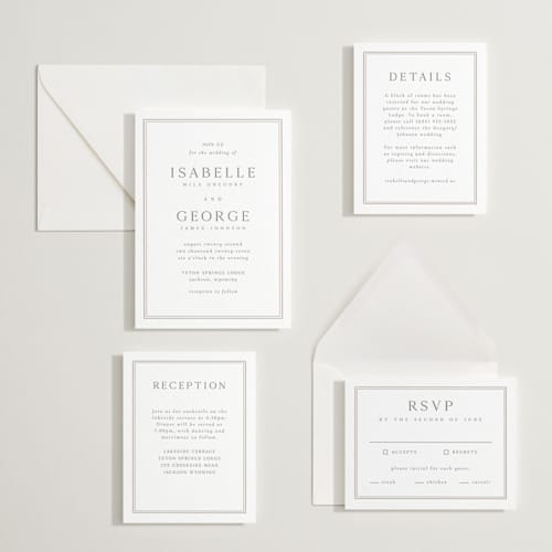 This is a graphite | dove grey letterpress wedding invitations with letterpress by Nicole Walsh called formal serif printing on white cotton in standard