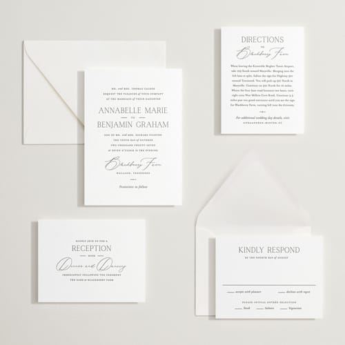 This is a soft black letterpress wedding invitations with letterpress by Oscar and Emma - Karly Depew called perennial printing on white cotton in standard