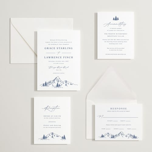 This is a blueberry letterpress wedding invitations with letterpress by Olivia Raufman called arête printing on white cotton in standard