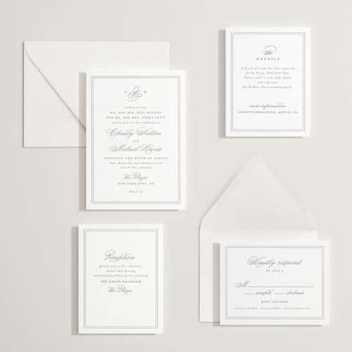 This is a granite letterpress wedding invitations with letterpress by Creo Study called monogrammed eternity printing on white cotton in standard