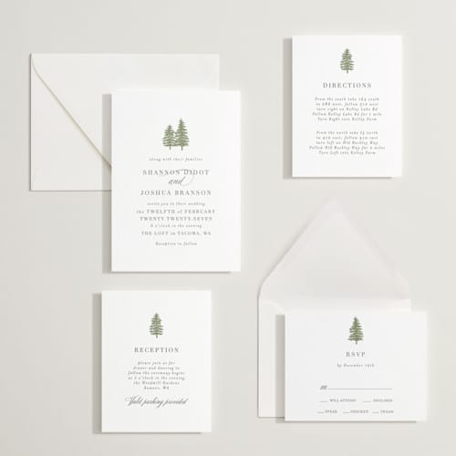 This is a olive letterpress wedding invitations with letterpress by Itsy Belle Studio called evergreens printing on white cotton in standard