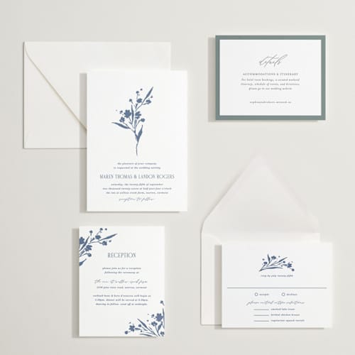 This is a blueberry letterpress wedding invitations with letterpress by Kate Ahn called helena printing on white cotton in standard