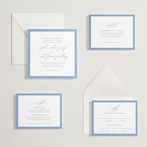 This is a smoke | pacific blue letterpress wedding invitations with letterpress by Design Lotus called fondness printing on white cotton in standard
