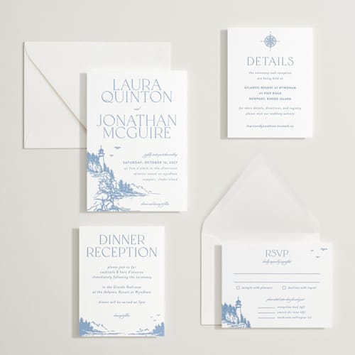 This is a pacific blue letterpress wedding invitations with letterpress by Tennie and Co. called the cliff printing on white cotton in standard