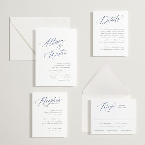 This is a lapis letterpress wedding invitations with letterpress by Hooray Creative called statement names printing on white cotton in standard