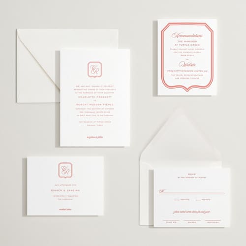 This is a grapefruit letterpress wedding invitations with letterpress by Megan Davis called bowery printing on white cotton in standard