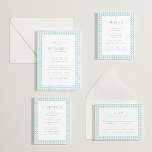 This is a robin's egg letterpress wedding invitations with letterpress by Ellen Schlegelmilch called delicate rattan printing on white cotton in standard