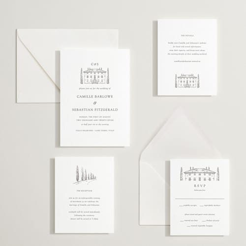 This is a graphite letterpress wedding invitations with letterpress by Melinda Denison called italian countryside printing on white cotton in standard