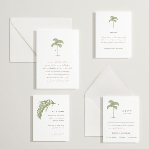 This is a olive letterpress wedding invitations with letterpress by Melinda Denison called palm printing on white cotton in standard