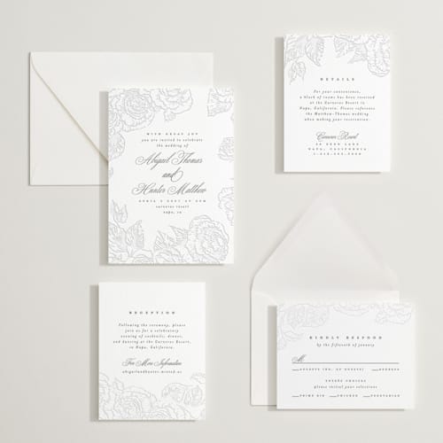 This is a soft black letterpress wedding invitations with letterpress by Leah Bisch called garden printing on white cotton in standard