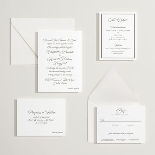 This is a graphite letterpress wedding invitations with letterpress by Megan Davis called lowcountry printing on white cotton in standard