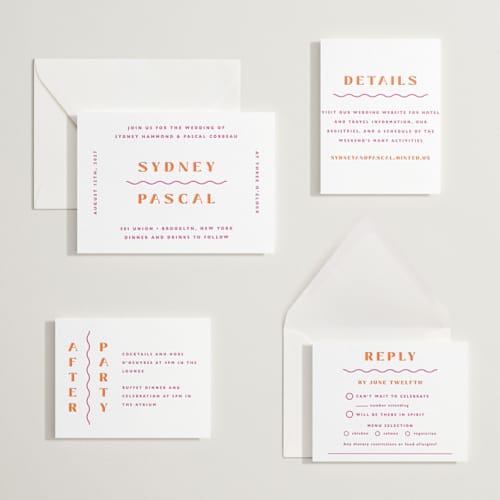 This is a flamingo letterpress wedding invitations with letterpress by Olivia Raufman called tanti baci printing on white cotton in standard
