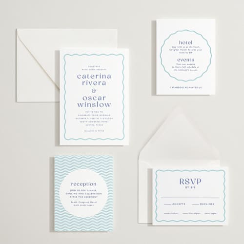 This is a mediterranean letterpress wedding invitations with letterpress by Olivia Raufman called with a twist printing on white cotton in standard