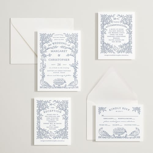 This is a blueberry letterpress wedding invitations with letterpress by Paper Sun Studio called whimsical woodland printing on white cotton in standard