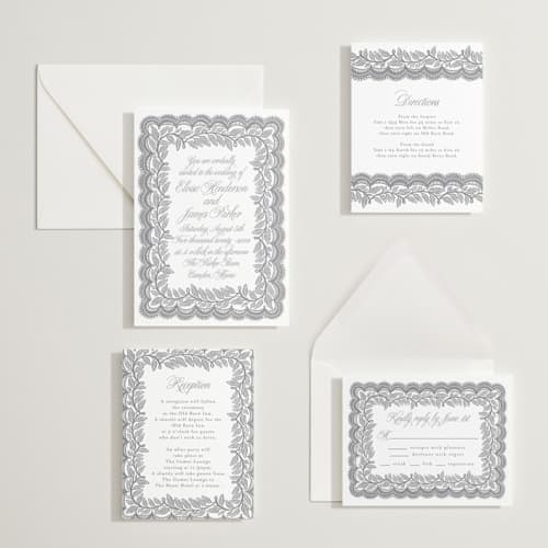 This is a smoke letterpress wedding invitations with letterpress by Katharine Watson called bridal veil printing on white cotton in standard