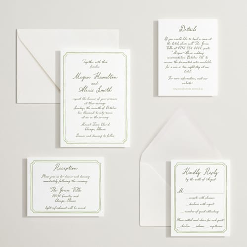 This is a artichoke letterpress wedding invitations with letterpress by Cass Loh called handwritten printing on white cotton in standard