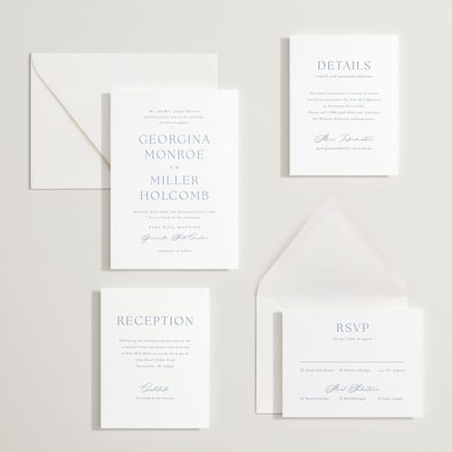 This is a pacific blue letterpress wedding invitations with letterpress by Stacey Meacham called modern air printing on white cotton in standard