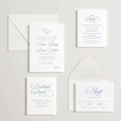 This is a pacific blue letterpress wedding invitations with letterpress by Creo Study called aristocratic printing on white cotton in standard