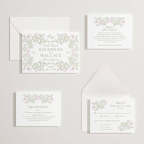 This is a peony letterpress wedding invitations with letterpress by Susan Zinader called sketched foliage printing on white cotton in standard